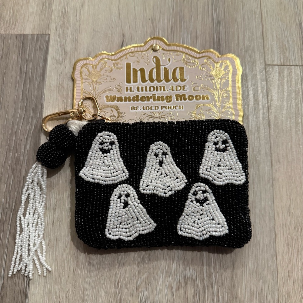 Halloween Ghost Black and White Beaded Pouch Coin Card Bag